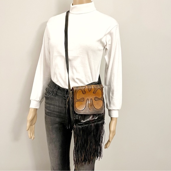 Vintage Boho Western Festival Brown Leather Cross Body Bag with Fringes. - Picture 11 of 11